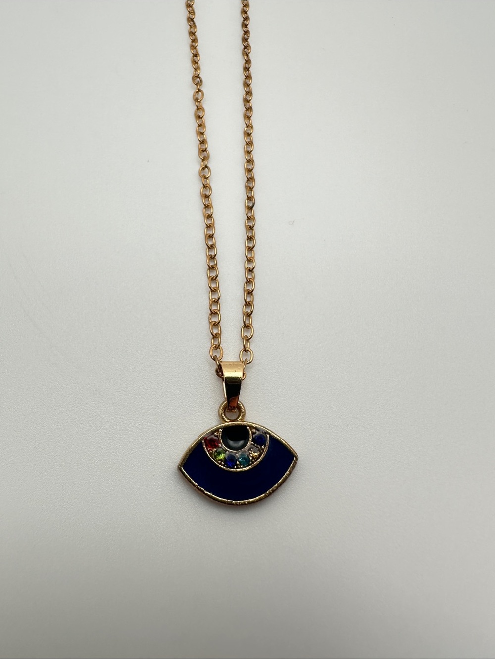 Gold-Tone Evil Eye Pendant Necklace with Blue Enamel and Multicolor Stones